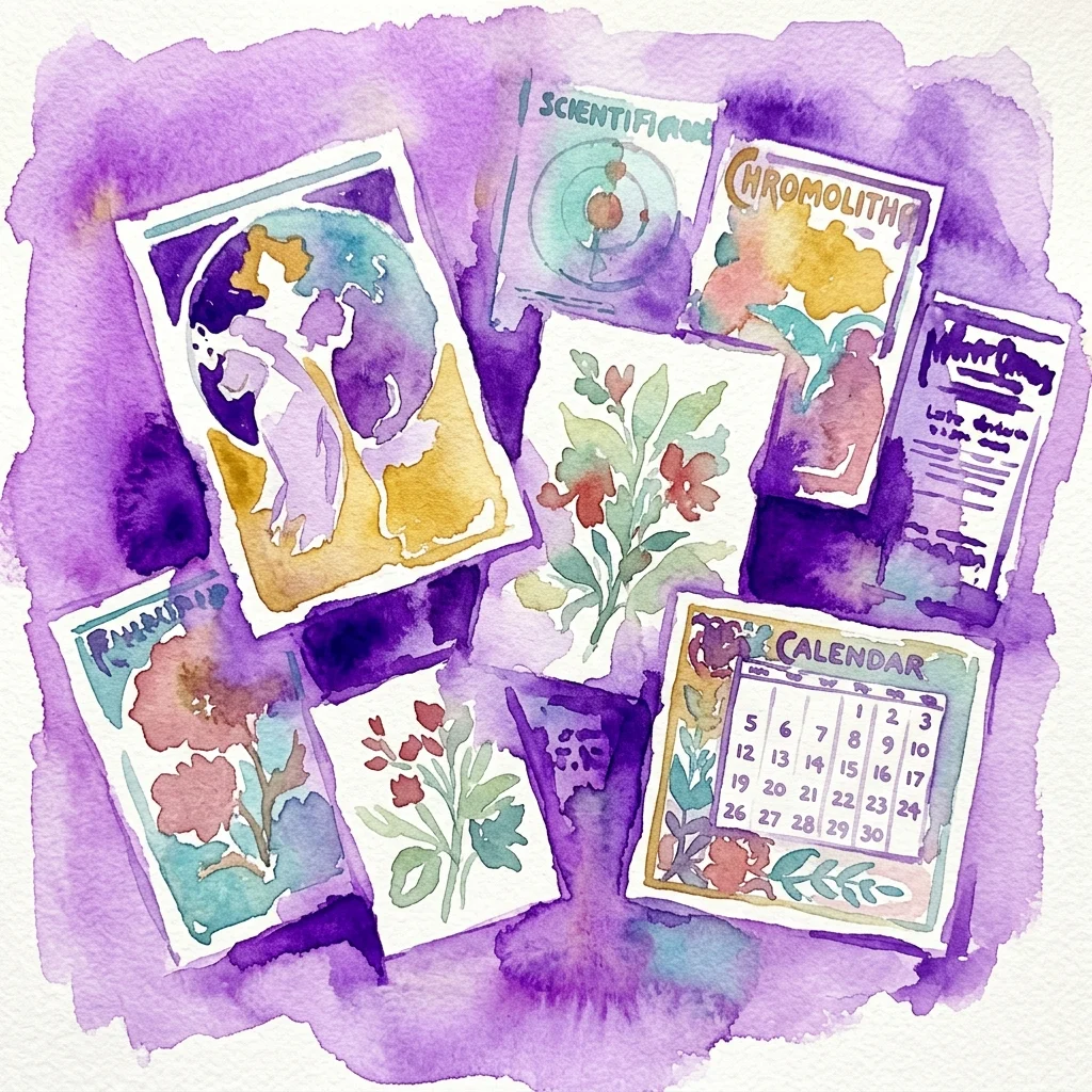 Ilustracja akwarelowa vintage chromolitograficznych odbitek, w tym reklam, schematów naukowych i ozdobnych kalendarzy, ukazująca techniki druku z końca XIX wieku.
