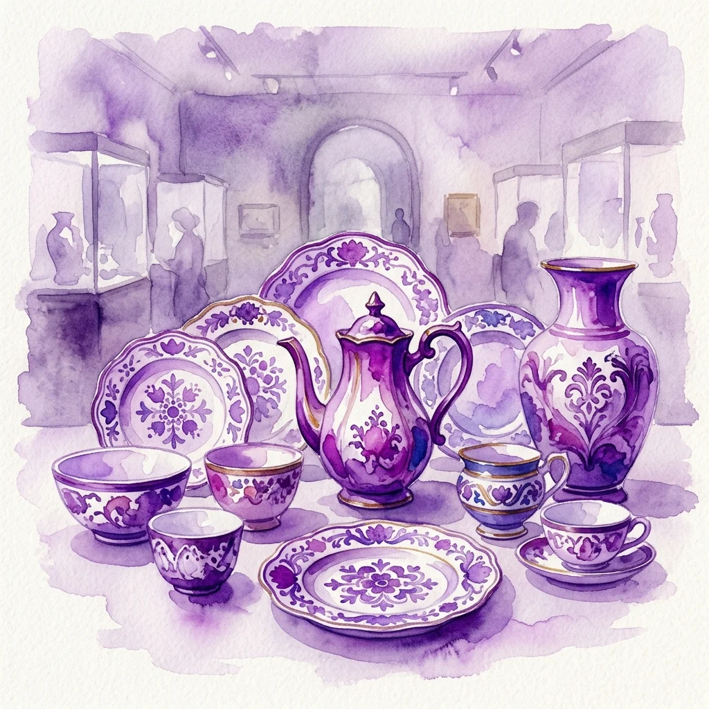 Ilustración en acuarela de vajilla y piezas decorativas históricas de porcelana bohemia en púrpura y blanco, expuestas en una sala de museo.