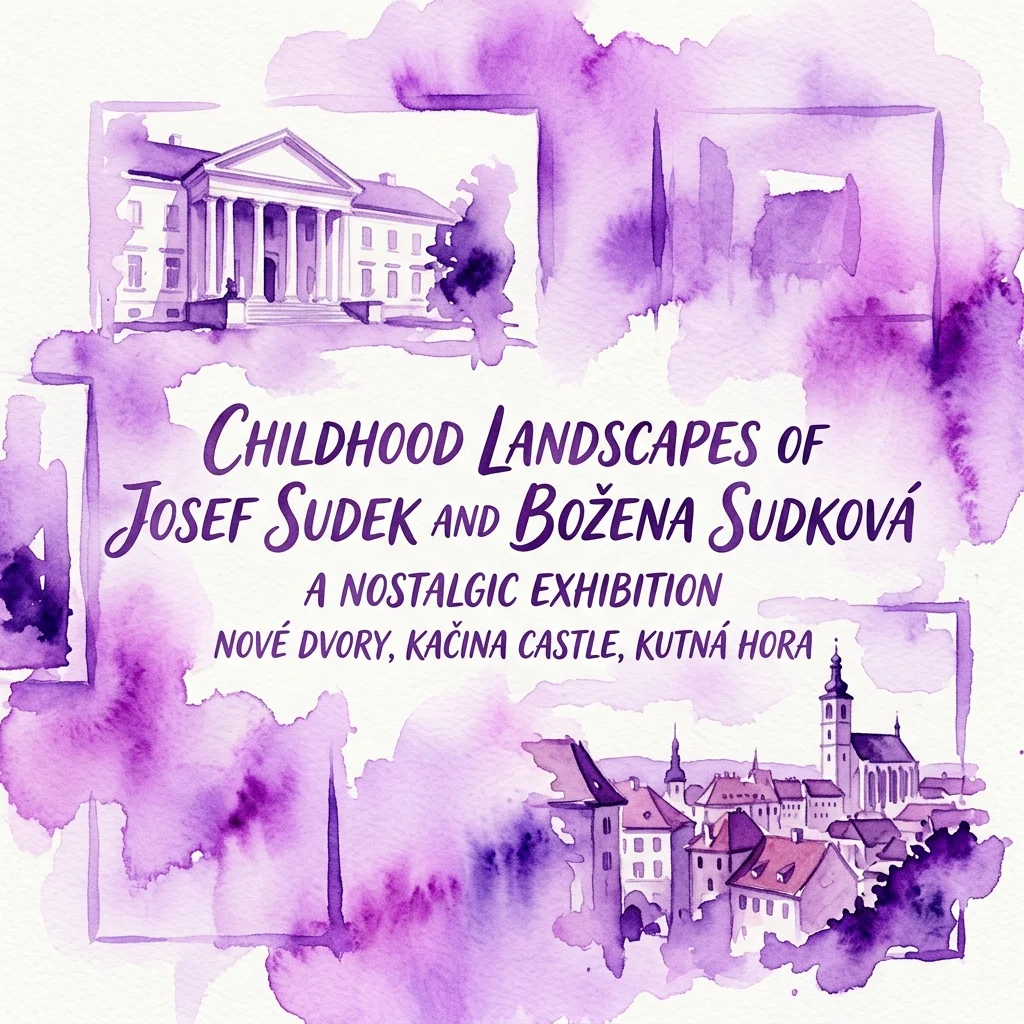 Ilustracja akwarelowa do wystawy „Dziecięce krajobrazy Josefa Sudka i Boženy Sudkowej”, zawierająca fioletowe szkice Nowego Dworu (Nové Dvory), zamku Kačina i Kutnej Hory, z opisem wystawy jako nostalgicznej.