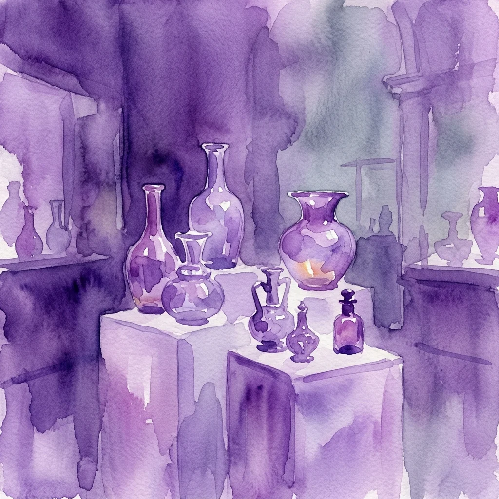 Een aquarel van een museumgalerij met historische glasobjecten, waaronder vazen en vaten, op sokkels onder gedimd paars licht.