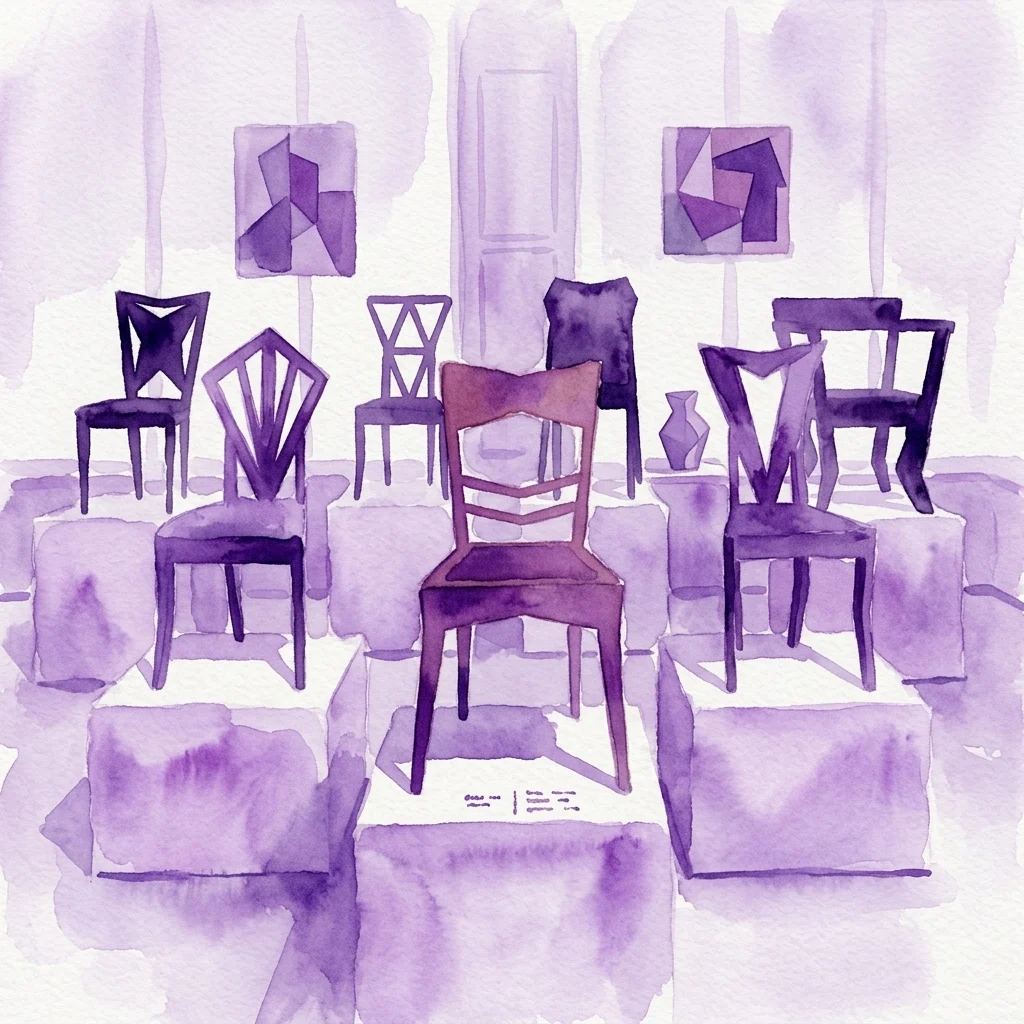 Ilustración en acuarela de muebles y objetos decorativos del cubismo checo en una galería, con sillas angulares, pinturas geométricas y esculturas en tonos morados.