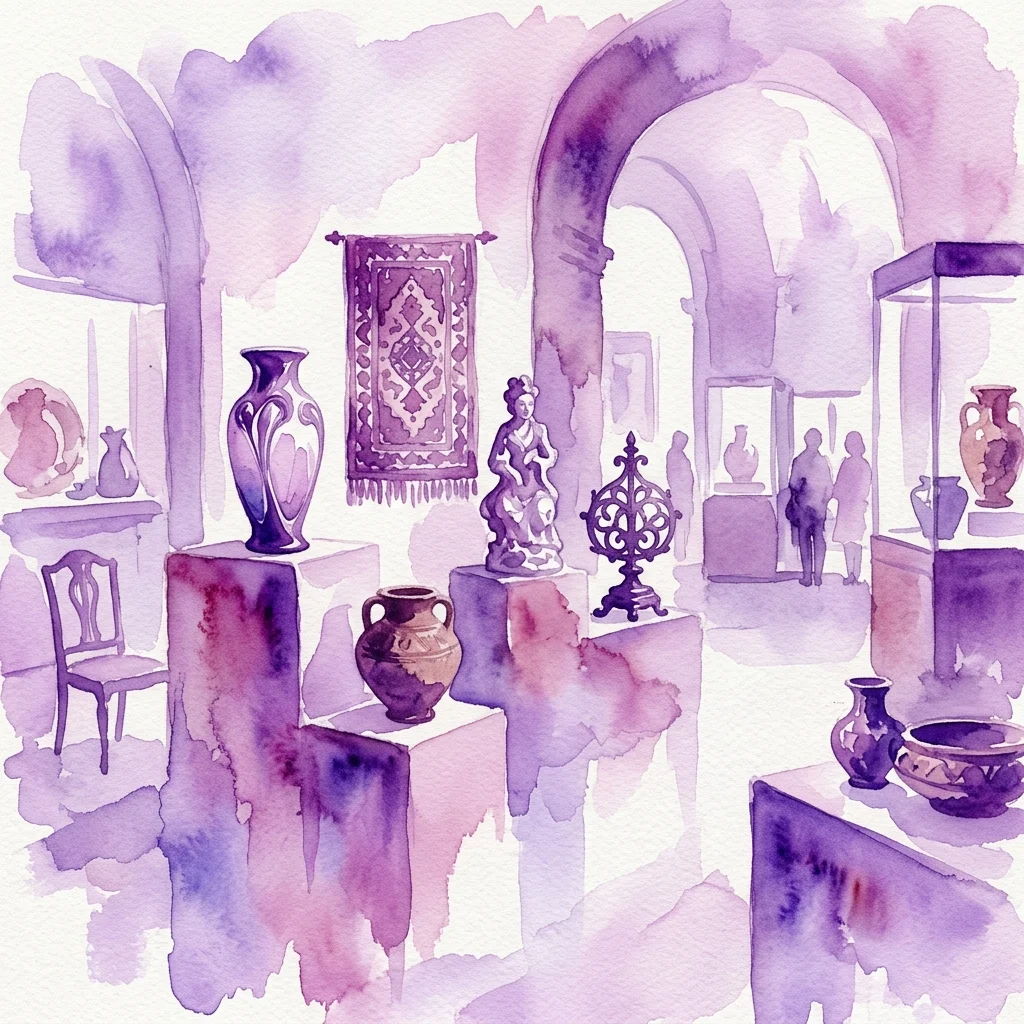 Watercolor illustration of a museum gallery with decorative arts objects, including vases, a tapestry, and sculptures, displayed on pedestals under arched ceilings.