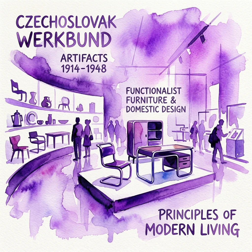 Ilustracja akwarelowa wystawy prezentującej czechosłowackie artefakty Werkbundu z lat 1914-1948, ukazująca meble funkcjonalistyczne i zasady wzornictwa domowego, z odwiedzającymi obserwującymi ekspozycję.