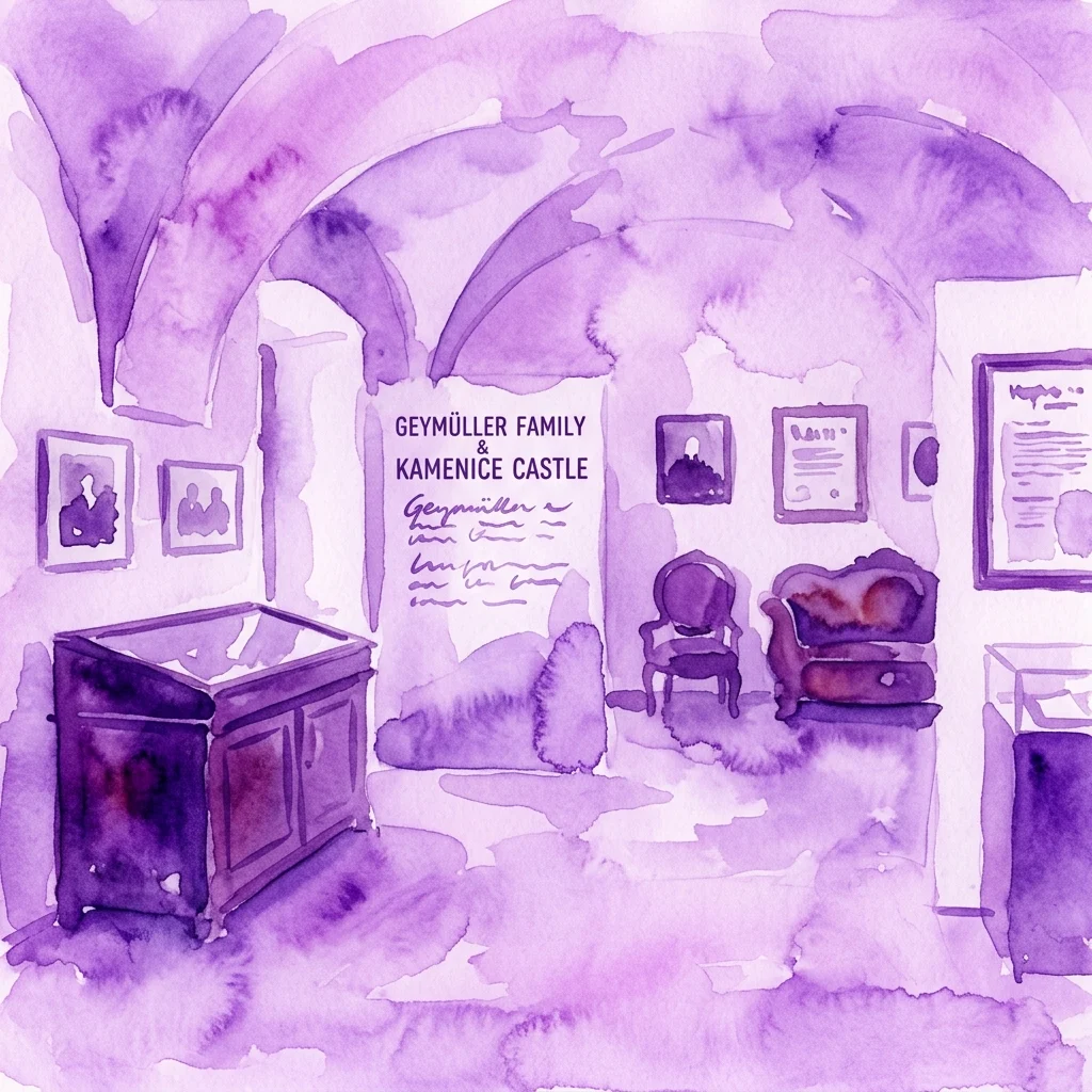 Una ilustración en acuarela de una galería de exposiciones que presenta una exhibición sobre la familia Geymüller y el Castillo de Kamenice nad Lipou, con muebles de época, fotografías enmarcadas y documentos de archivo bajo techos abovedados.