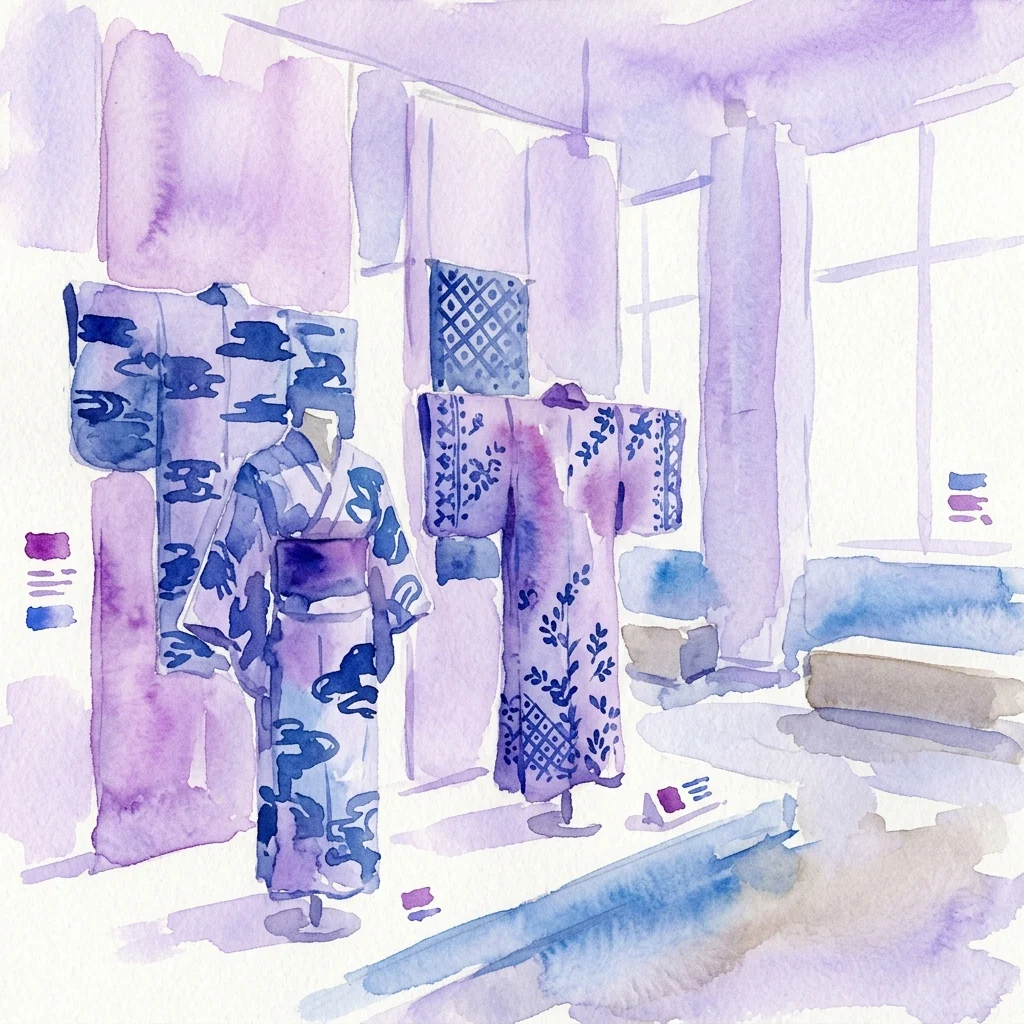 Ilustración en acuarela de yukatas tradicionales japonesas y textiles folclóricos checos con motivos de color azul índigo expuestos en una galería de museo, destacando el intercambio cultural a través del arte textil.