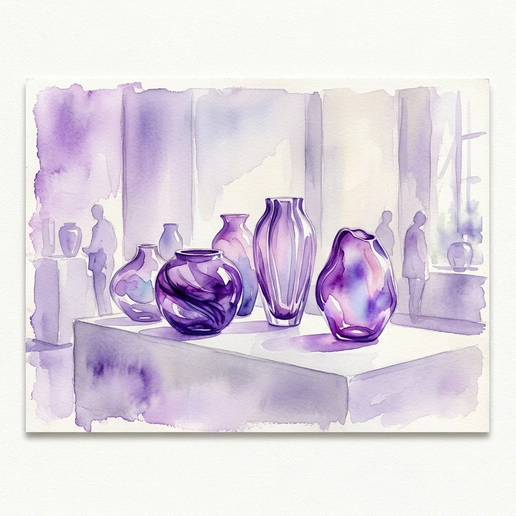 Ilustracja akwarelowa fioletowych, szklanych urn pogrzebowych ustawionych na galerii, z sylwetkami zwiedzających w tle, reprezentująca wystawę „Glass Soul – The Return of Funerary Sculpture”.