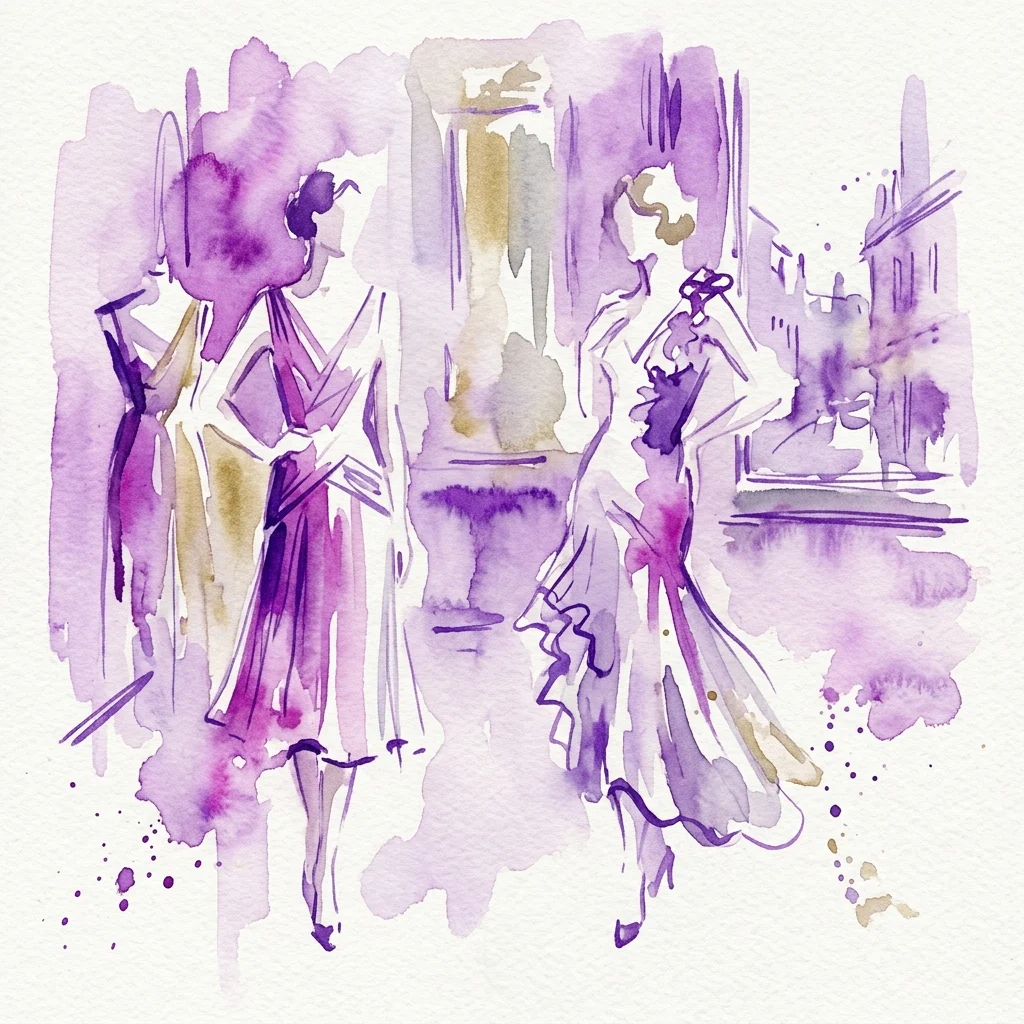 Ilustracja akwarelowa eleganckich kobiet w sukniach vintage z okresu międzywojennego, prezentująca luksusowe tkaniny i styl inspirowany paryską haute couture.