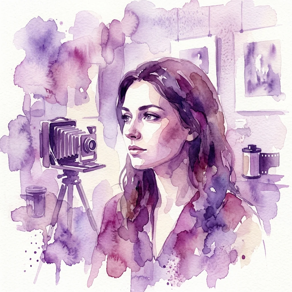 Een aquarelillustratie van een vrouw, vermoedelijk Helena van der Kraan, omringd door vintage fotografie-apparatuur, waaronder een camera op statief en fotorolletjes, tegen een zacht verlichte galerieachtergrond met ingelijste prenten.