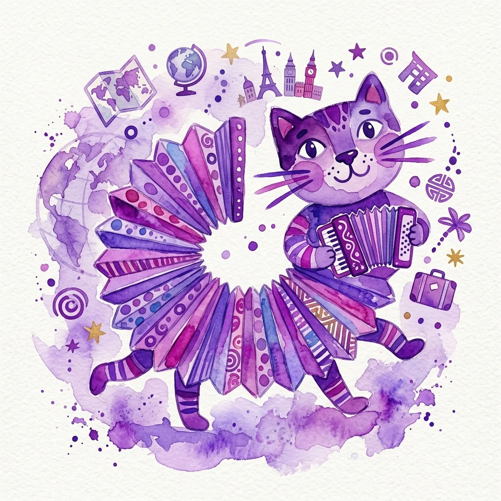 A whimsical watercolor illustration of a purple accordion-shaped cat playing an accordion, surrounded by global symbols like a globe, Eiffel Tower, and suitcase, representing the international journey of Libuše Niklová's iconic toy design.