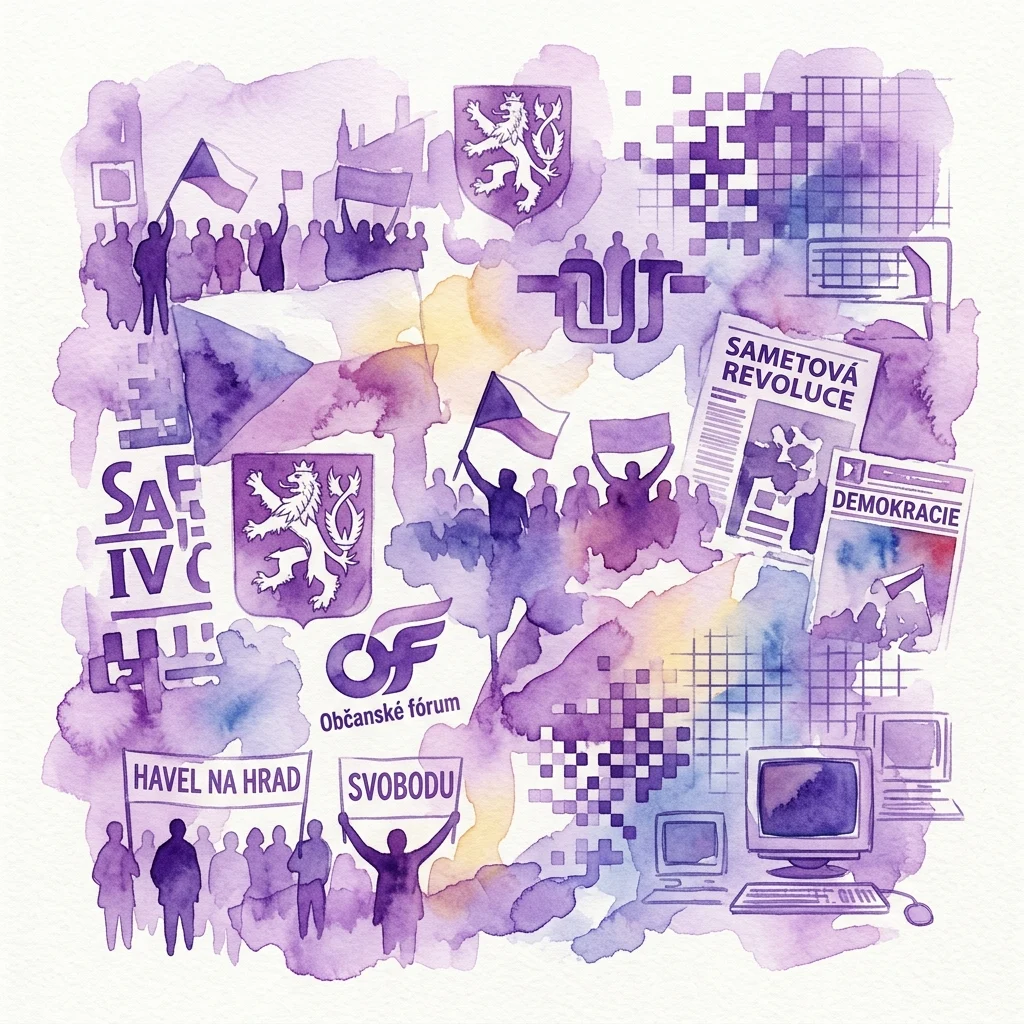 Een waterverfcollage die de Tsjechische visuele cultuur van 1985-1995 weergeeft, met protestsilhouetten, Tsjechische vlaggen, het wapenschild, slogans als 'Havel na Hrad' en 'Svobodu', en vroege computers, wat de politieke transitie en mediatransformatie van die tijd weerspiegelt.