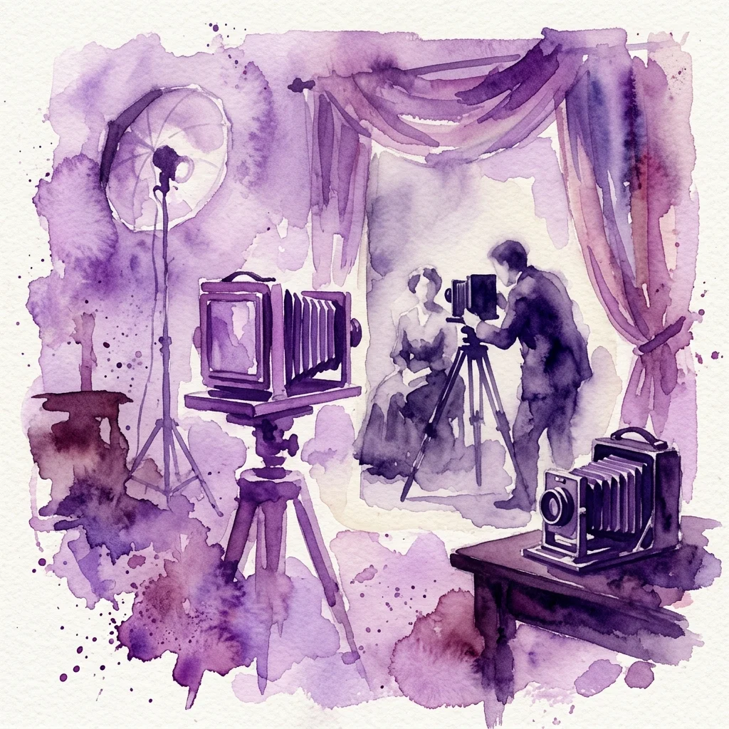 A watercolor illustration of a vintage photography studio with early 20th-century cameras, lighting equipment, and a photographer at work, evoking the historical practice of Jan Posselt's era.