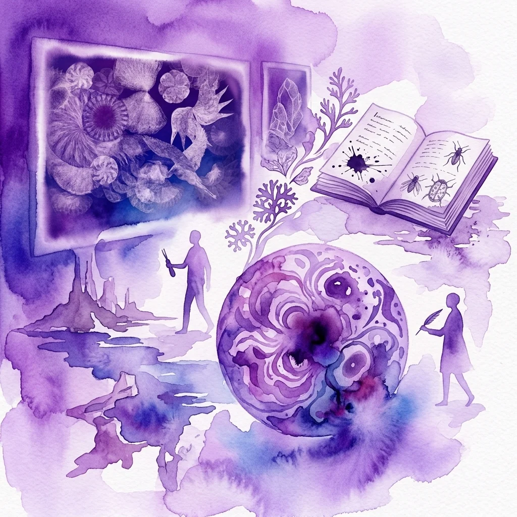 Een abstracte aquarelillustratie in paarse tinten die een open boek, een groot sferisch object met ingewikkelde patronen, silhouetten van figuren en natuurlijke elementen zoals schelpen en planten, voorstellend de tentoonstelling 'Hold' van Sally Ball en Jan Vičar.