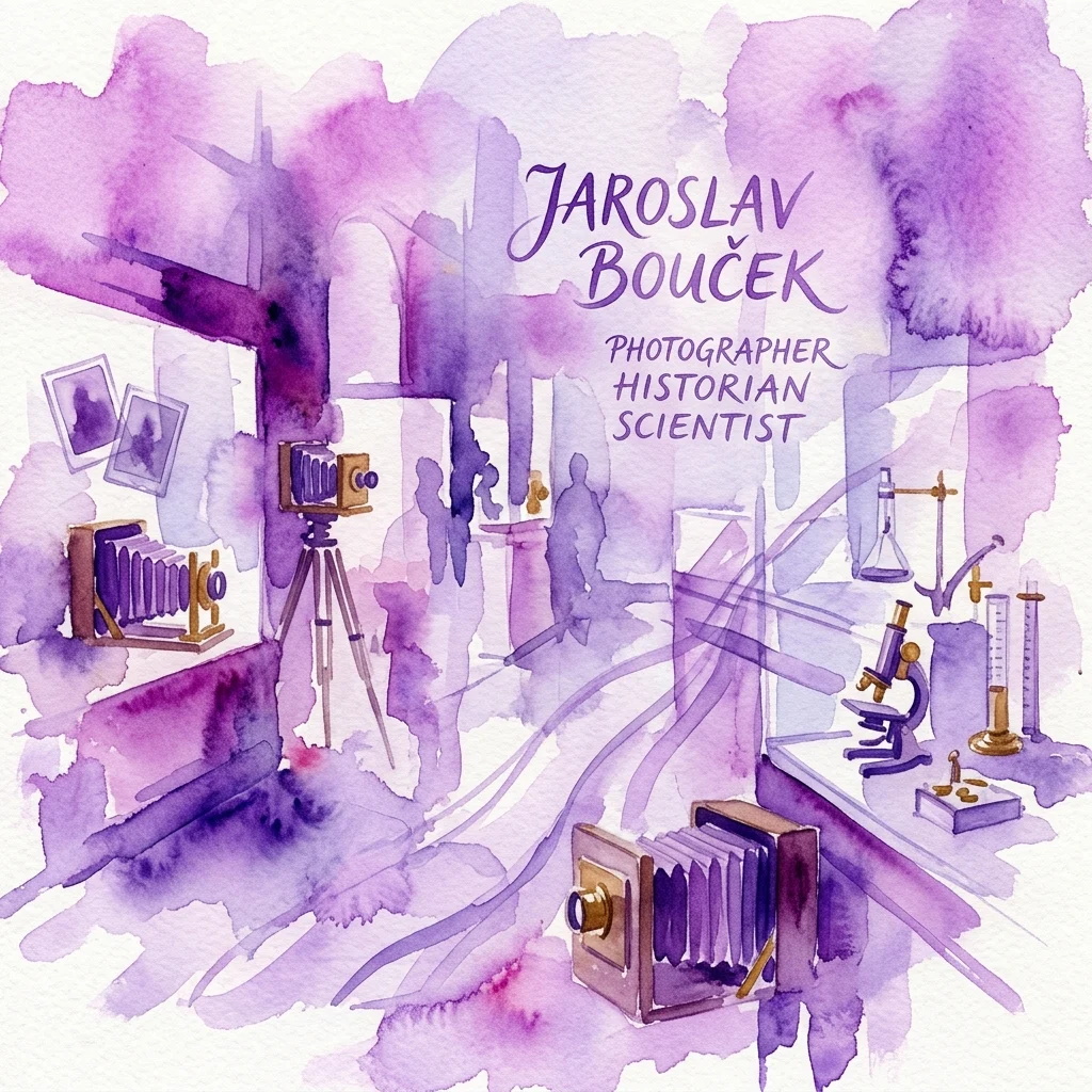 Ilustración en acuarela de una exposición de galería que presenta cámaras antiguas, un microscopio e instrumentos científicos, con el texto 'Jaroslav Bouček: Fotógrafo, Historiador, Científico' en púrpura.