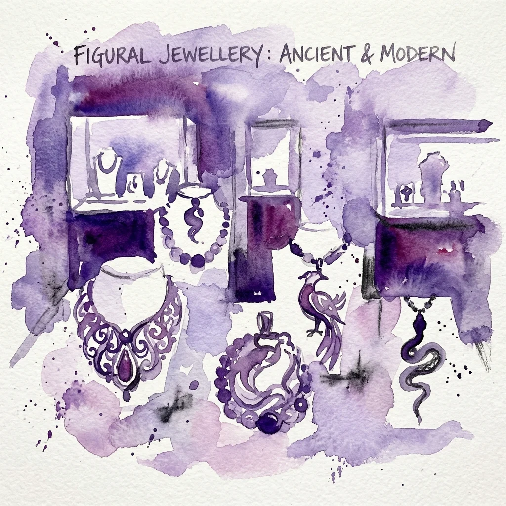 Ilustración en acuarela de joyería figurativa, incluyendo collares y colgantes con motivos de pájaros y serpientes, expuesta en vitrinas bajo el título 'Joyería Figural: Antigua y Moderna'.