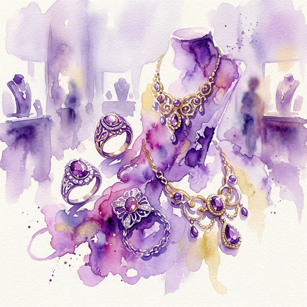 Una ilustración en acuarela de varias piezas de joyería, incluyendo collares y anillos con gemas moradas, expuestas en un entorno de galería con suaves tonos púrpuras y dorados.