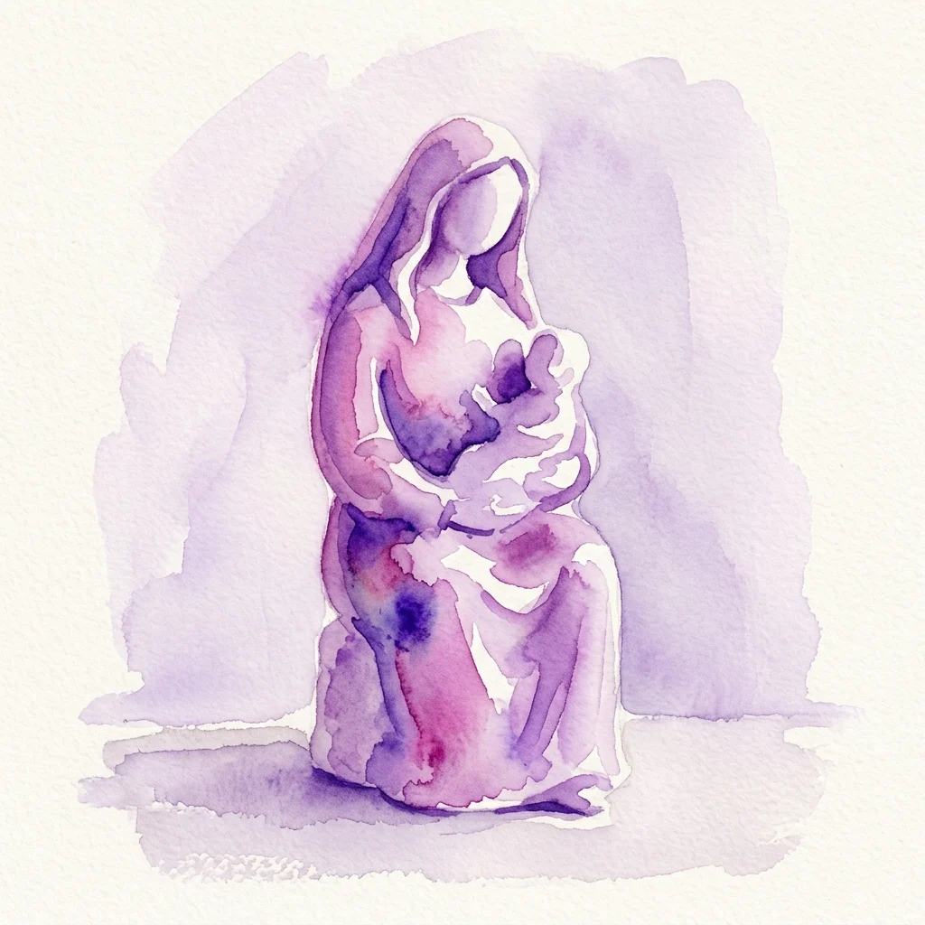 Een aquarel van een Madonnabeeld dat een kind vasthoudt, uitgevoerd in zachte paarse en roze tinten, die thema's van moederschap en vrouwelijkheid oproepen in een eigentijdse artistieke stijl.