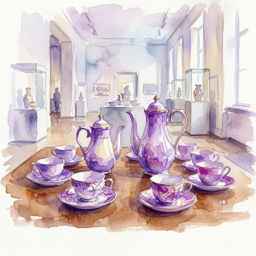 Een aquarelillustratie van een paars en gouden porseleinen theeservies op een houten tafel in een museumgalerij, onderdeel van de tentoonstelling Jiří Laštovička – Table Laid.