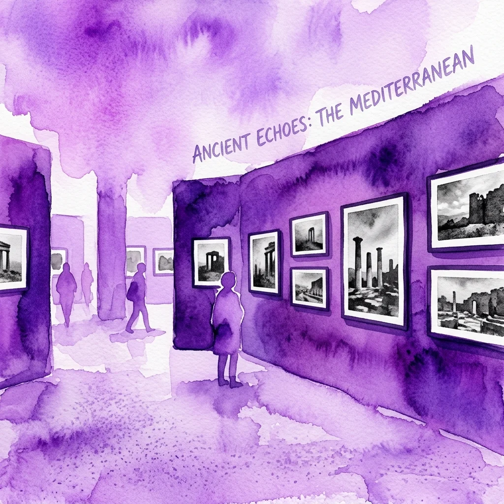 Artystyczna akwarela przedstawiająca galerię sztuki z fioletowymi ścianami, prezentującą czarno-białe fotografie starożytnych ruin z basenu Morza Śródziemnego, pod tytułem wystawy 'Ancient Echoes: The Mediterranean'.