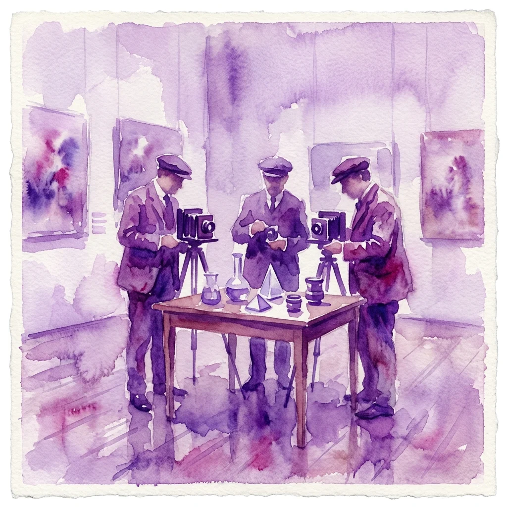 Een aquarelillustratie van drie fotografen uit het begin van de 20e eeuw met vintage camera's en studio-attributen, die de focus van Fotoklub Praha op pure fotografie en licht weergeven.