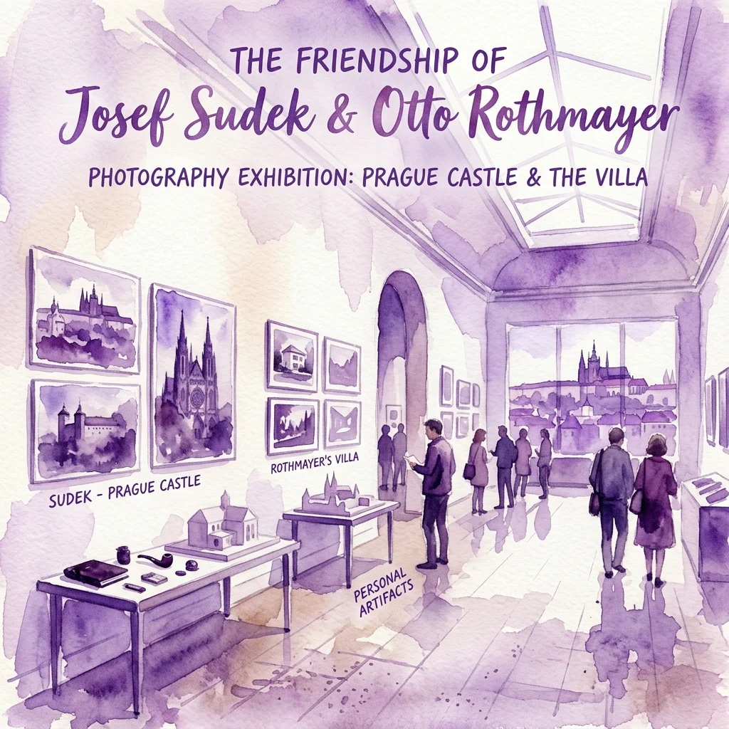 Illustration of a photography exhibition titled 'The Friendship of Josef Sudek & Otto Rothmayer,' featuring photographs of Prague Castle and Rothmayer's villa, architectural models, and personal artifacts in a museum gallery.