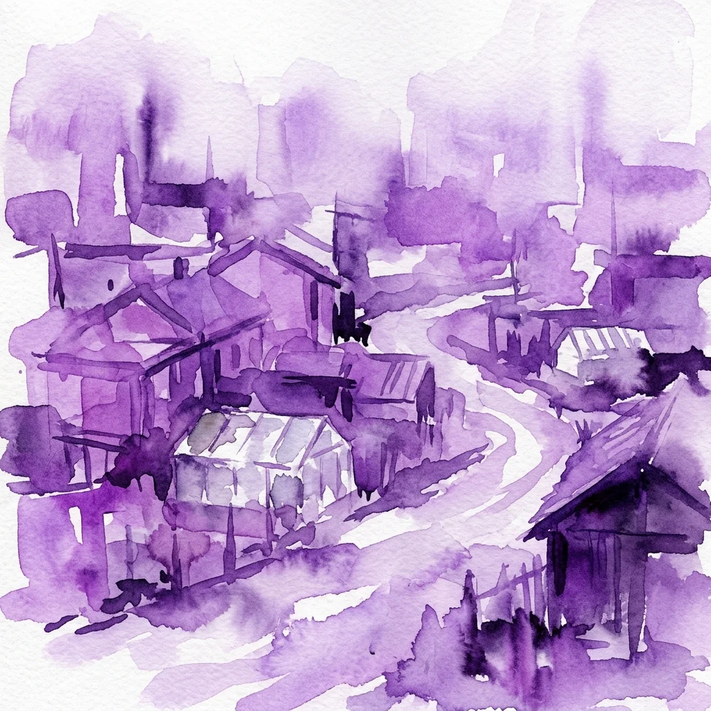 Een paars aquarel dat een dichte, uitgestrekte nederzetting met bescheiden huizen, schuren en kassen afbeeldt, wat de over het hoofd geziene rand van een stad oproept.