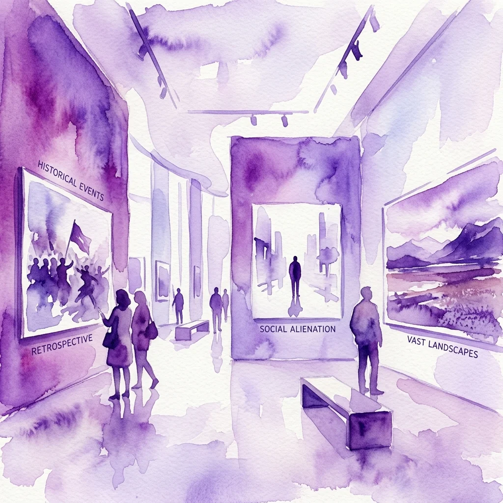 Waterverfillustratie van een museumgalerie met een retrospectieve tentoonstelling met secties genaamd 'Historische Gebeurtenissen', 'Sociale Vervreemding' en 'Uitgestrekte Landschappen', met fotografische kunstwerken.