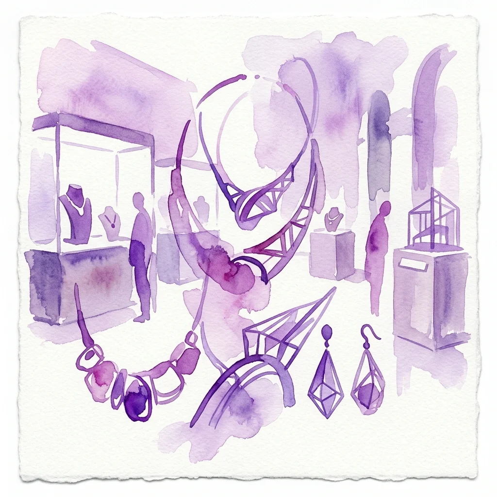 Watercolor illustration of a museum exhibition featuring conceptual jewelry inspired by architecture, with purple-toned displays and silhouetted visitors.