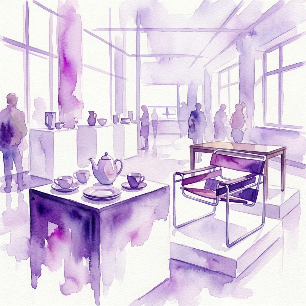 Ilustracja akwarelowa wystawy w galerii prezentującej czeskie obiekty wzornictwa funkcjonalistycznego z okresu międzywojennego, w tym ceramiczne naczynia stołowe i minimalistyczne krzesło, wyeksponowane w jasnym oświetleniu.