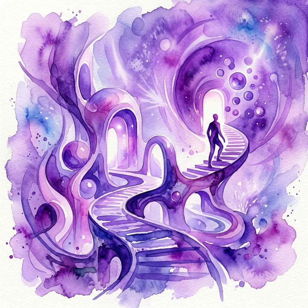 Una ilustración surrealista en acuarela de una figura ascendiendo una escalera de caracol hacia un espacio arquitectónico onírico, teñido de púrpura, con formas orgánicas y orbes brillantes.