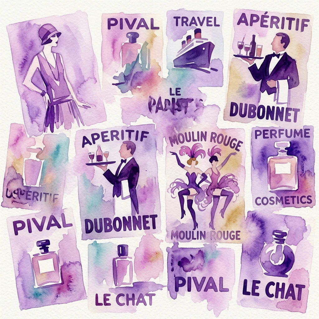 Een collage van Franse reclameposters in watercolor-stijl uit het interbellum, met merken als Pival, Dubonnet, Moulin Rouge en Le Chat, met illustraties van mode, reizen en entertainment.