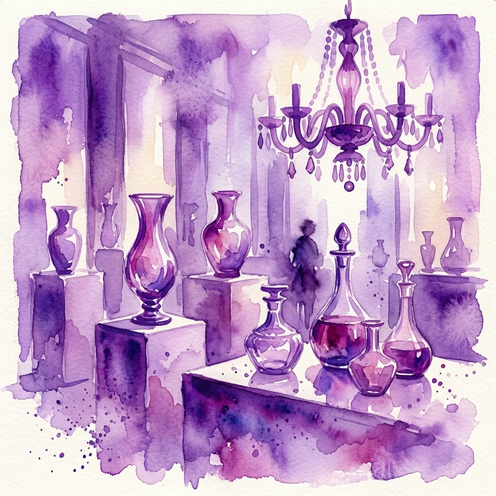 Ilustracja akwarelowa eleganckiej ekspozycji z czeskim szkłem, w tym wazonami, karafkami i żyrandolem, w muzeum z miękkim fioletowym oświetleniem.