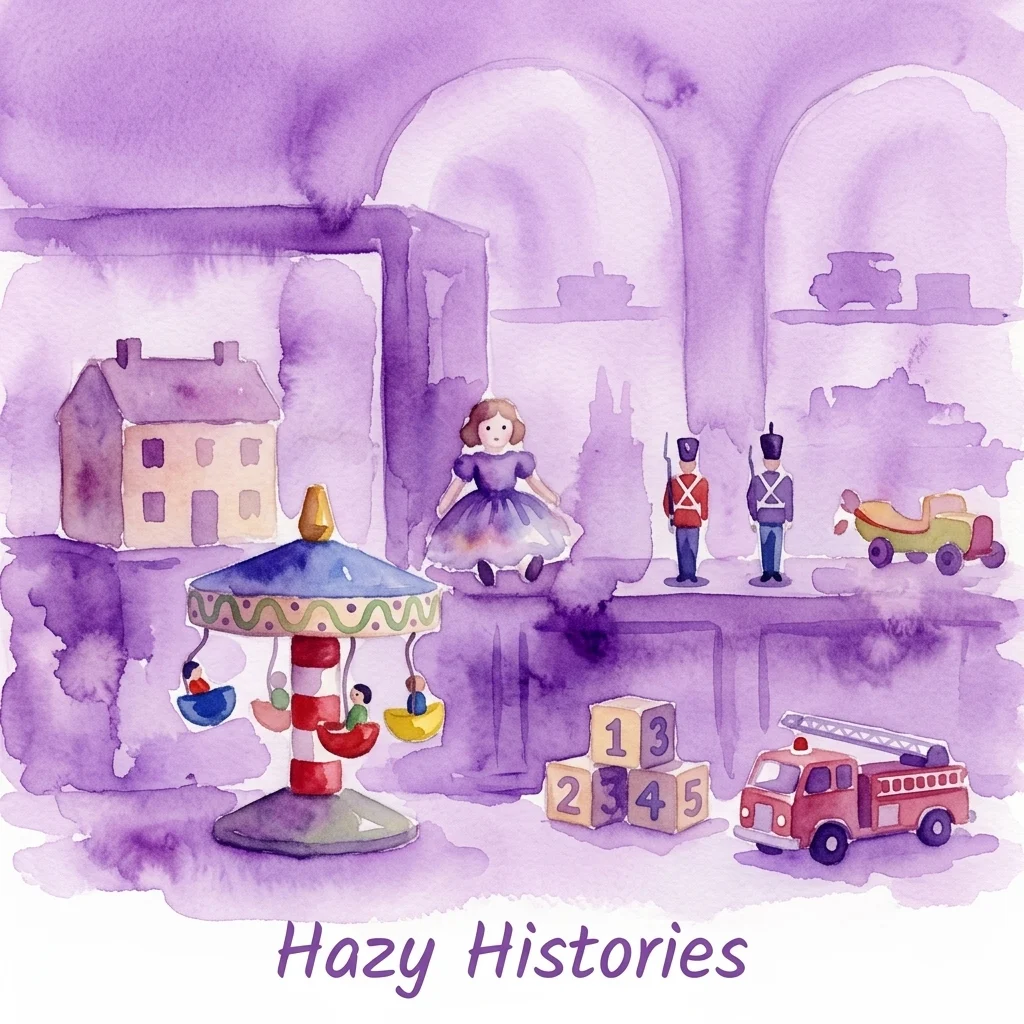 Ilustración en acuarela de juguetes vintage que incluyen una muñeca, soldaditos de hojalata, un carrusel, bloques y un camión de bomberos, sobre un fondo de museo de tono púrpura.