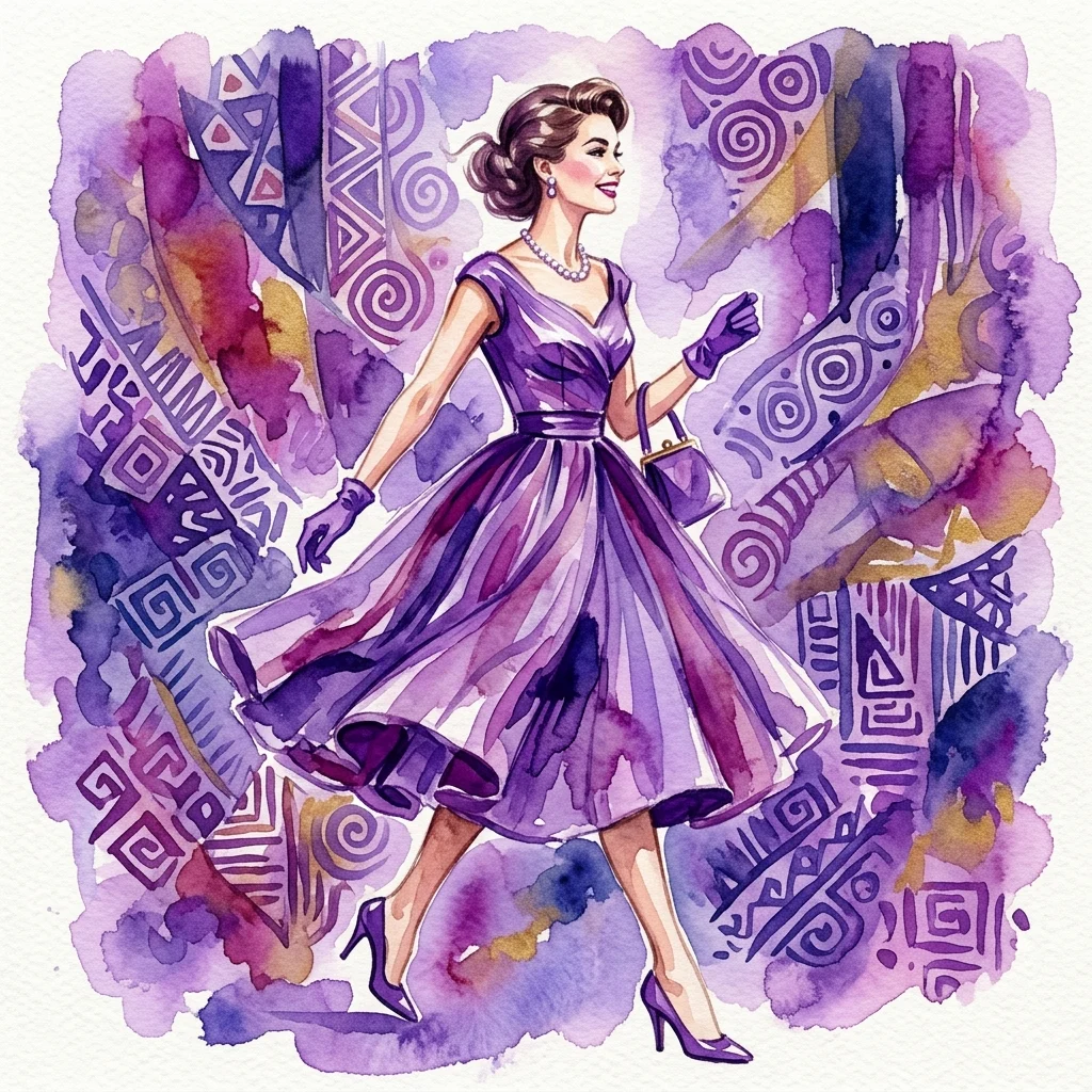 Una ilustración en acuarela de una mujer con un vestido de seda morado estilo años 50 con estampados textiles geométricos, evocando el arte y la moda de Zika y Lida Ascher.