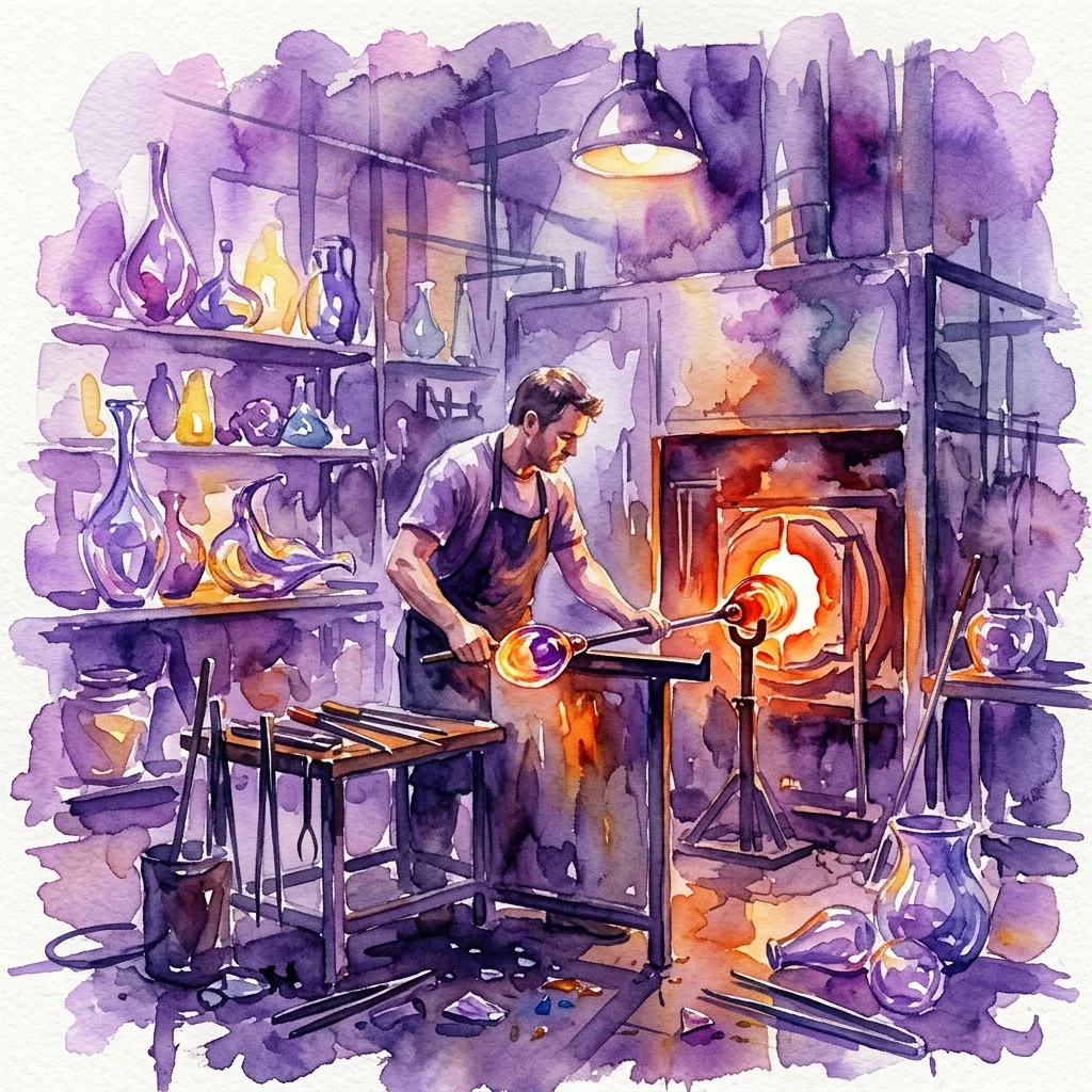 Un artista del vidrio trabaja con vidrio fundido en un estudio, utilizando herramientas para dar forma a un orbe incandescente cerca de un horno, rodeado de estantes con esculturas de vidrio terminadas.