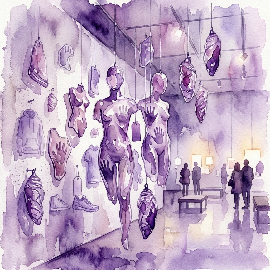 Waterverfillustratie van de Morface-tentoonstelling met glaskunstinstallaties met menselijke figuren, lichaamsafdrukken en consumptiegoederen zoals schoenen en kleding, die thema's als jeugd en transformatie verkennen.