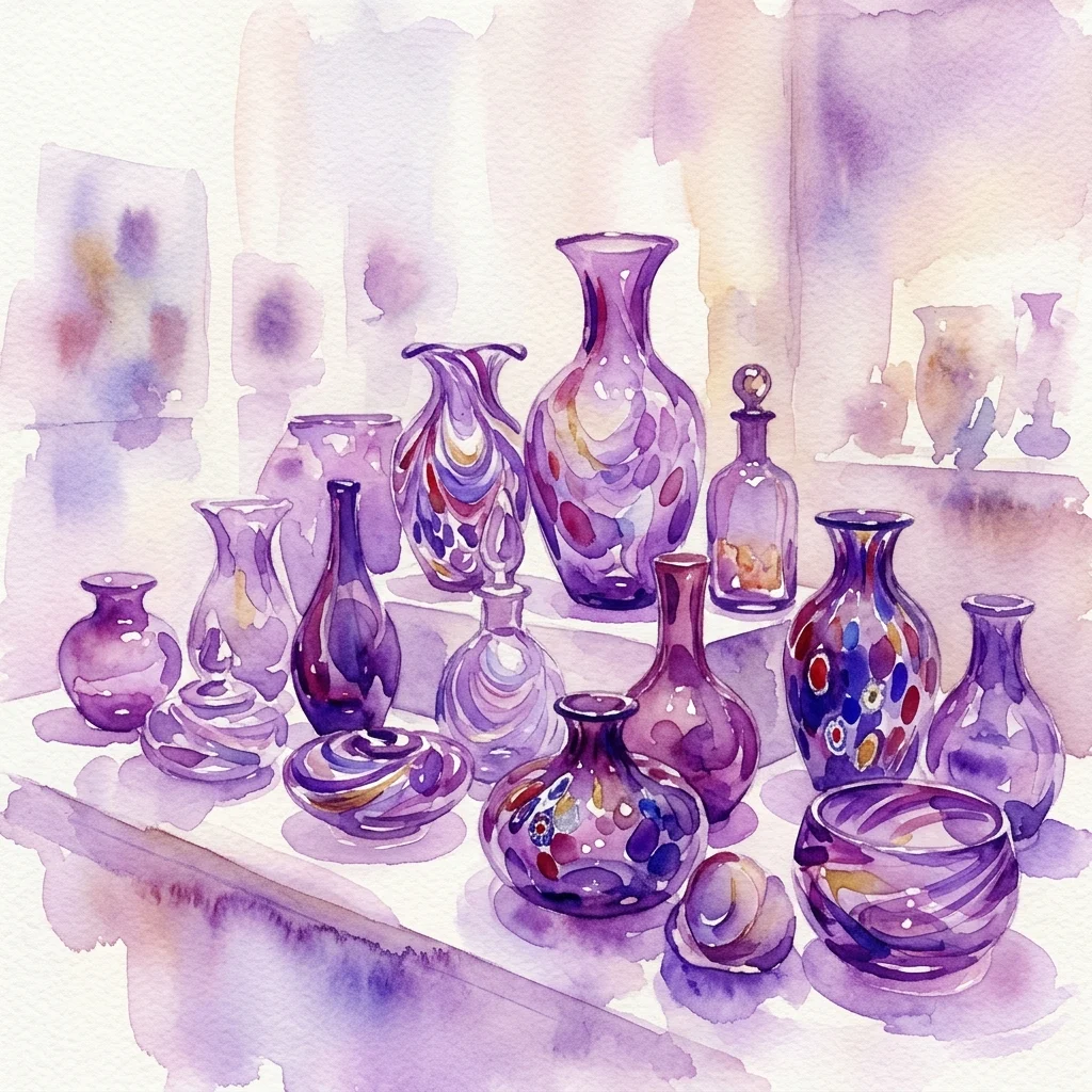 Ilustracja akwarelowa weneckich szklanych wazonów i przedmiotów dekoracyjnych w odcieniach fioletu, prezentująca skomplikowane wzory i formy z wystawy Paolo Venini i jego Piec (1934-1959).