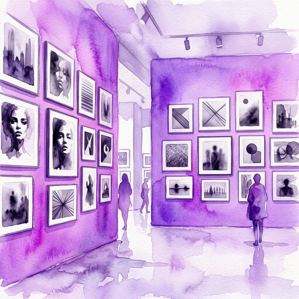 A watercolor illustration of an art gallery with purple walls, displaying black and white photographs including portraits, abstract patterns, and conceptual art, with visitors viewing the exhibition.