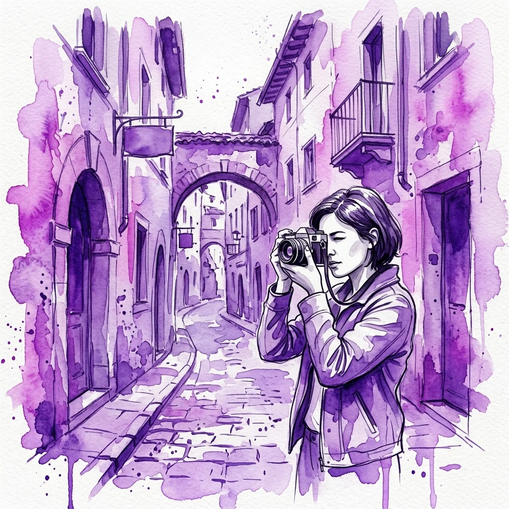 Una ilustración en acuarela de un fotógrafo capturando una calle europea estrecha con arquitectura histórica, representada en tonos púrpuras y blancos.