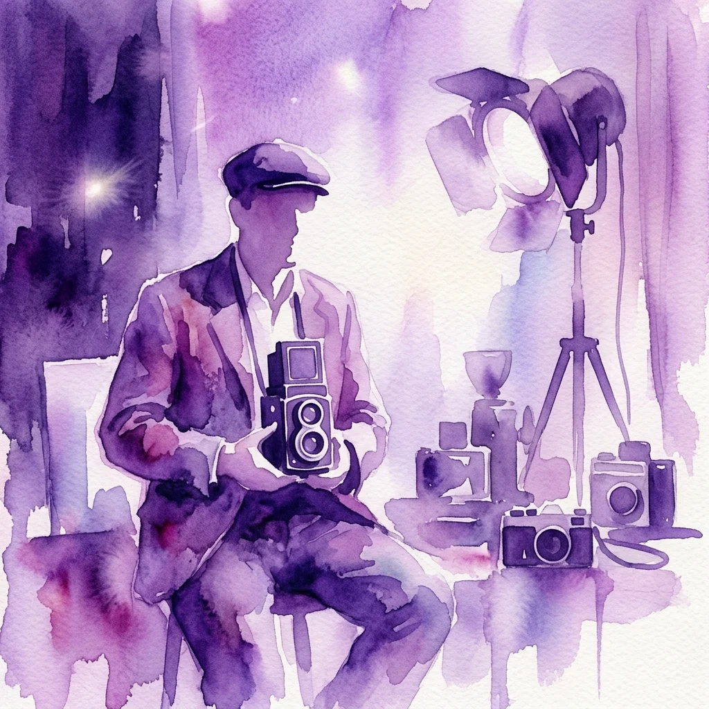 Waterverfillustratie van de Tsjechische fotograaf Fred Kramer in een retrostudio, met een vintage camera omringd door belichtingsapparatuur en camera's, die zijn reclamefotografie uit de jaren 50-80 oproept.