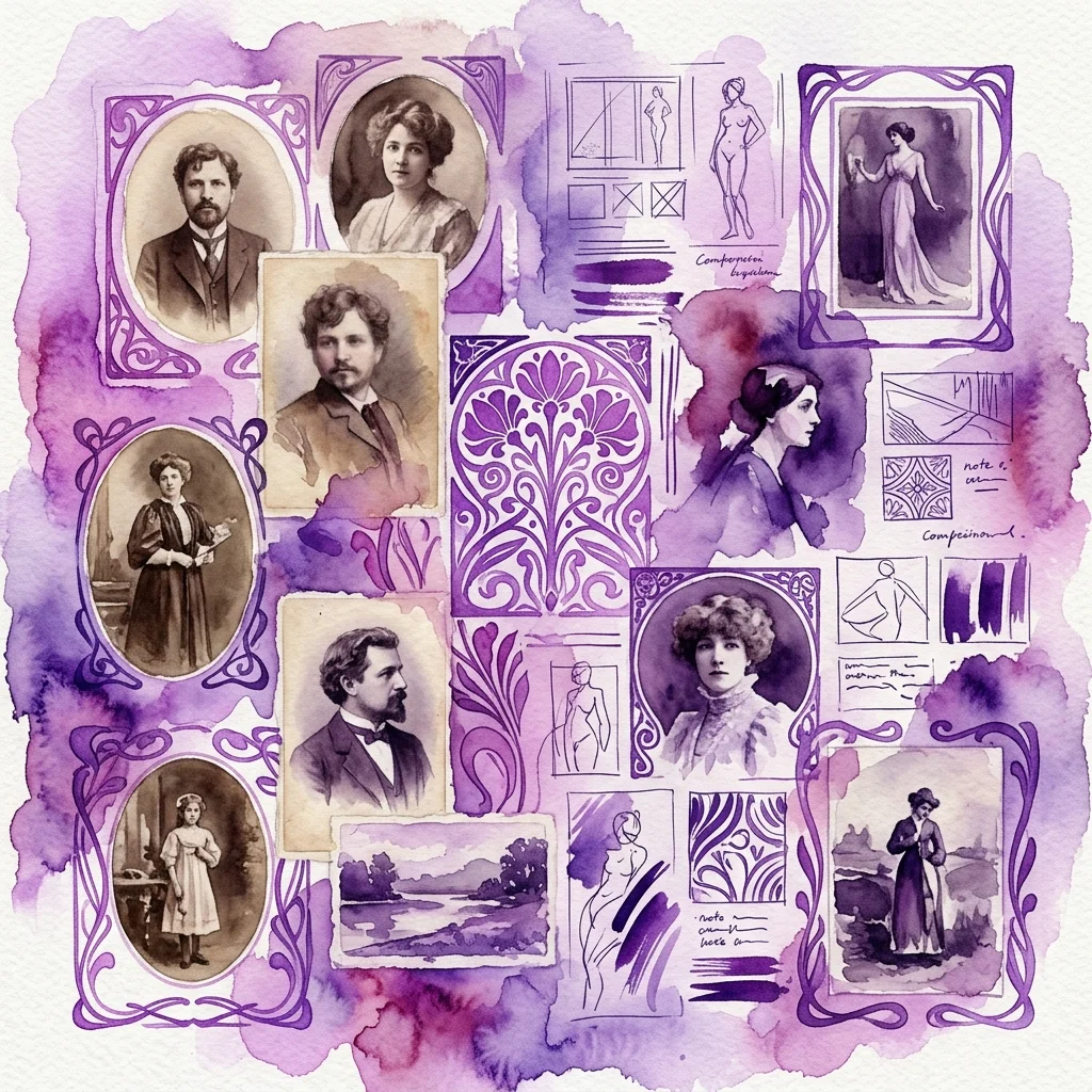 Un collage de fotografías vintage e ilustraciones de estilo Art Nouveau con los artistas Alphonse Mucha, Viktor Stretti, Tavík František Šimon y Vojtěch Preissig, que muestran su uso de la fotografía en el arte gráfico.