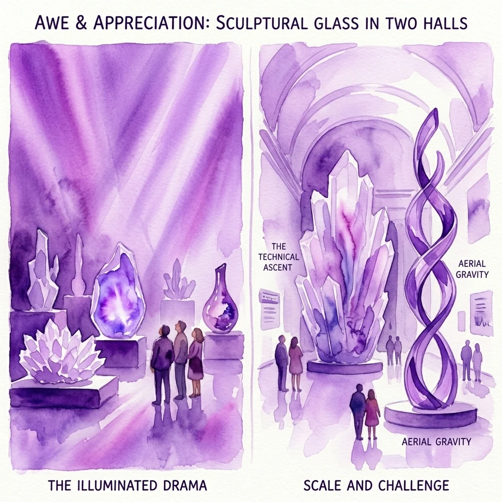 Ilustración de la exposición 'Pleiad of Glass 1946–2019', que muestra dos salas de museo: una con esculturas de vidrio iluminadas que crean una iluminación dramática y otra con obras de arte de vidrio a gran escala como 'Aerial Gravity' para resaltar los desafíos técnicos.