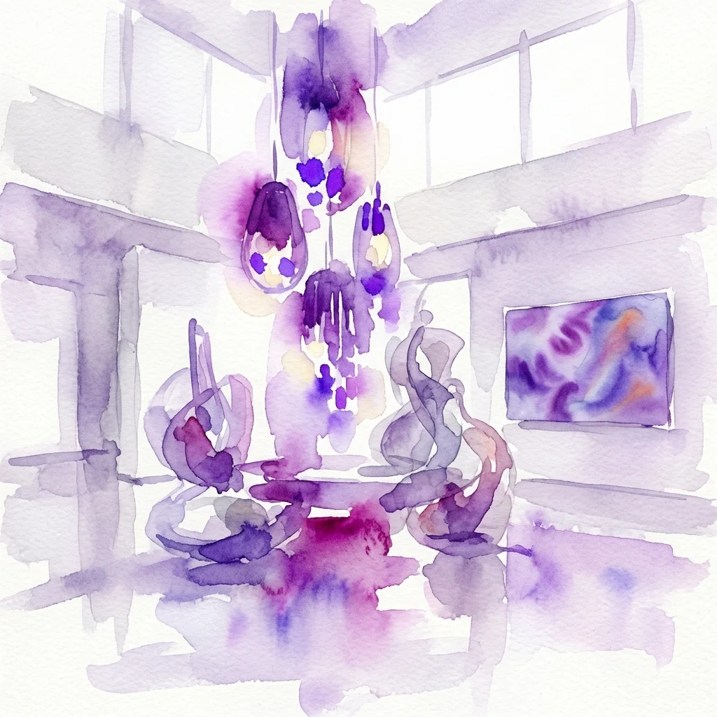 Ilustracja akwarelowa instalacji Qubus: Appendix w Muzeum Sztuki Użytkowej w Pradze, przedstawiająca nowoczesne oprawy oświetleniowe, rzeźbiarskie obiekty i ekran wideo z abstrakcyjnymi wizualizacjami w minimalistycznym foyer.