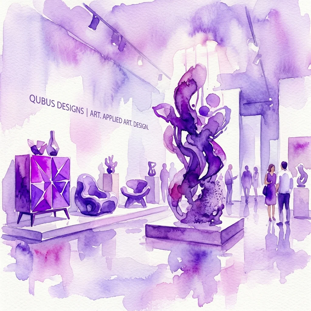 Ilustración en acuarela de la exposición Qubus: The Beautiful Beast, que muestra muebles y objetos decorativos contemporáneos en una galería con tonos morados y blancos.