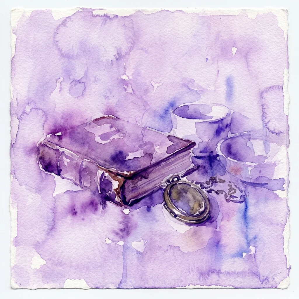 Watercolor still life of a worn book, locket, and ceramics on a purple background, evoking remembrance and lost identity.