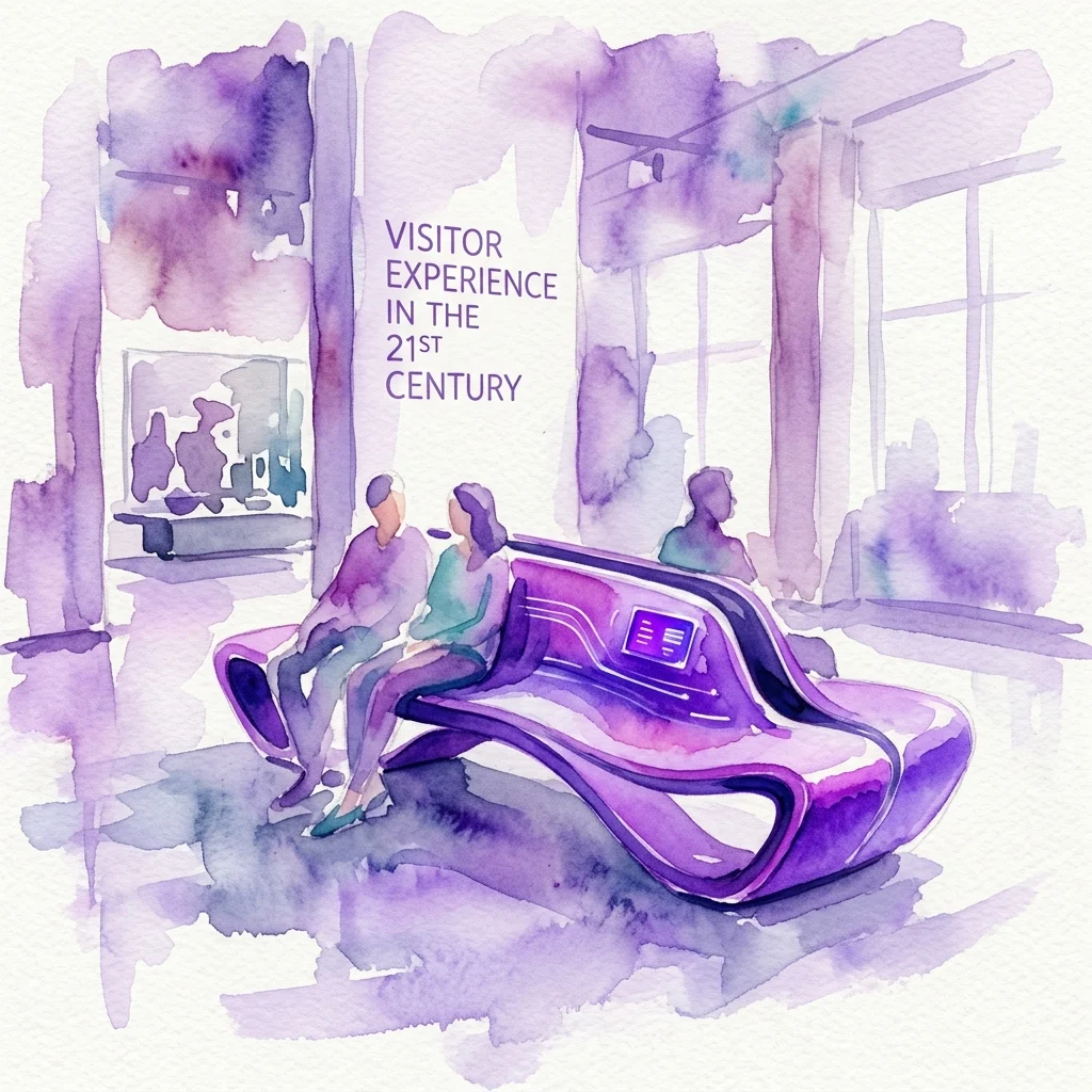 Een aquarelillustratie van een futuristisch paars smart seating bankje in een museumtentoonstelling, met bezoekers erop en een bord met de tekst 'Visitor Experience in the 21st Century'.