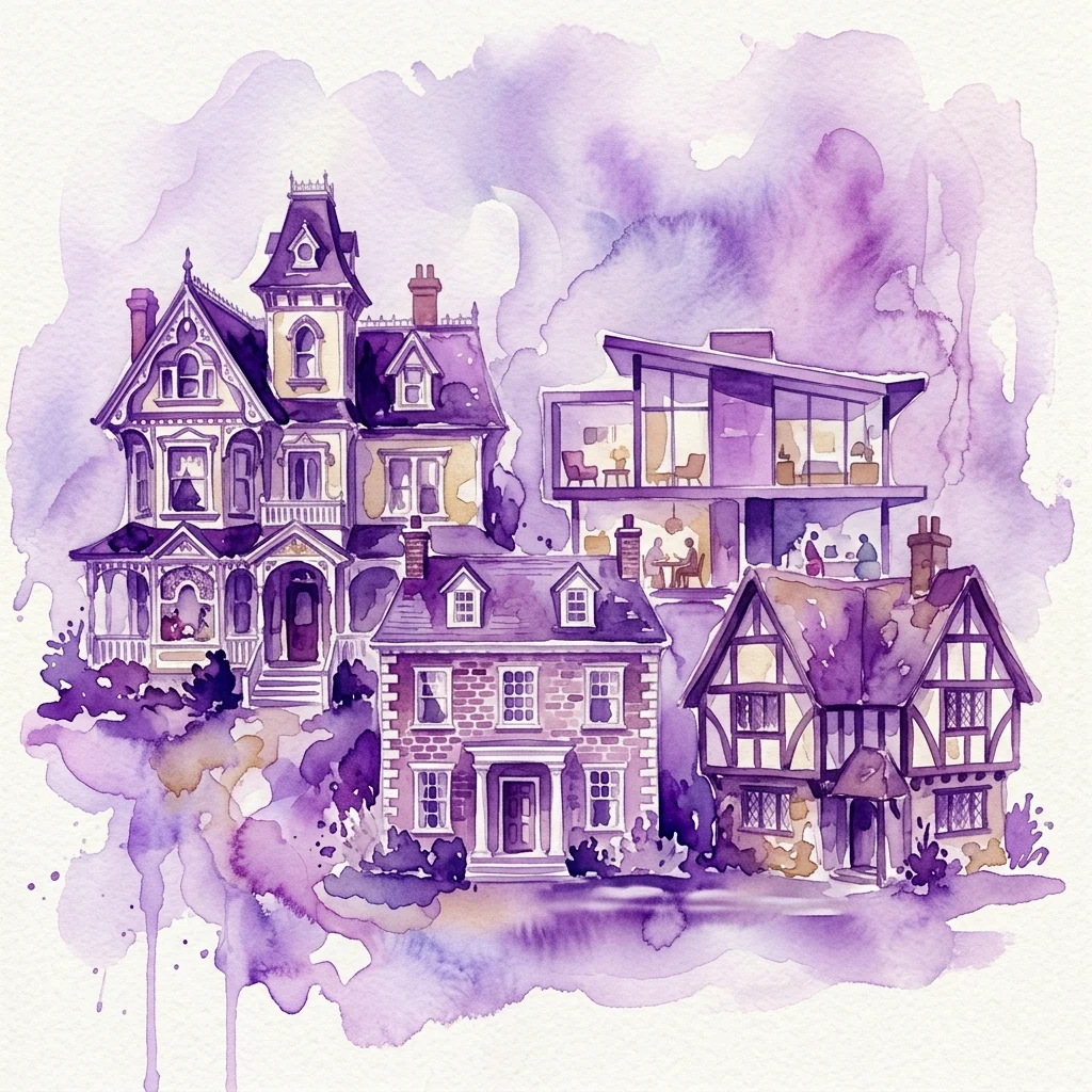 Una ilustración en acuarela de cuatro casas de muñecas en miniatura en varios estilos arquitectónicos, incluyendo victoriano, moderno, de ladrillo y Tudor, sobre un fondo de lavado púrpura.