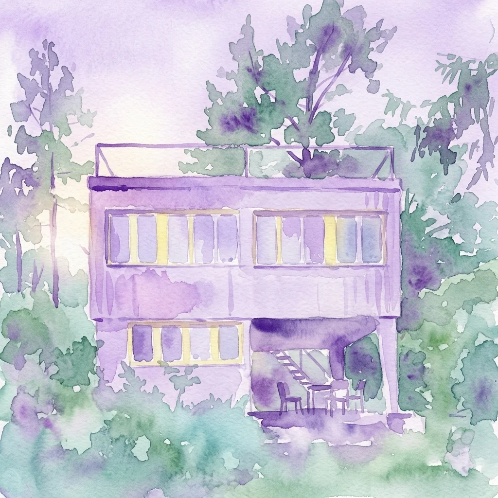 Waterverfillustratie van een modernistische cottage met strakke lijnen, grote ramen en een verhoogde structuur omringd door groen, die de architectonische innovatie van het midden van de 20e eeuw oproept.