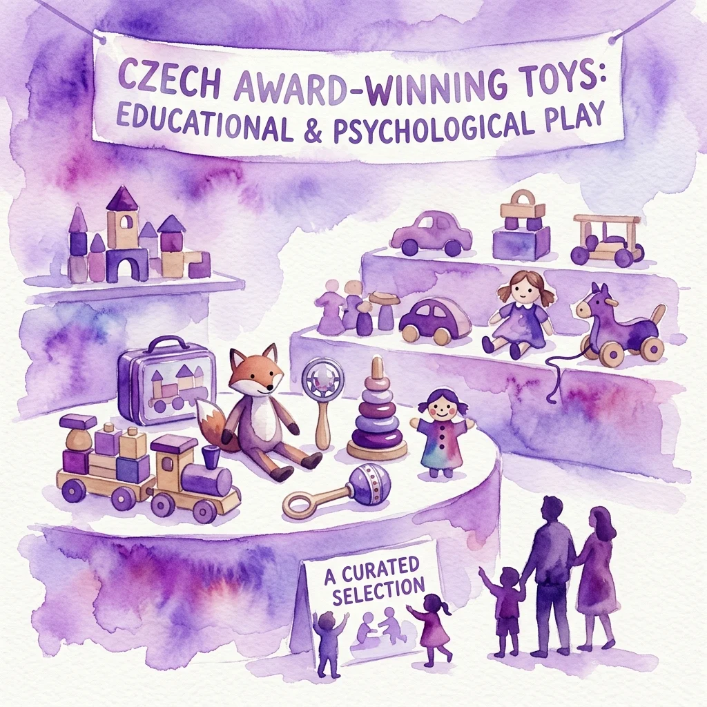 Ilustracja akwarelowa przyjaznej dzieciom wystawy prezentującej nagradzane czeskie zabawki, w tym drewniane kolejki, pluszaki i klocki, z rodziną odwiedzającą ekspozycję pod banerem z napisem 'Czeskie Zabawki Roku: Zabawa Edukacyjna i Psychologiczna'.