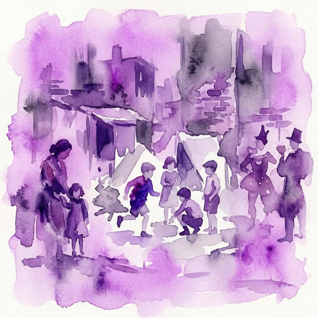 A purple watercolor illustration depicting children playing and adults in a street scene, evoking social documentary themes from Tibor Honty's photography.