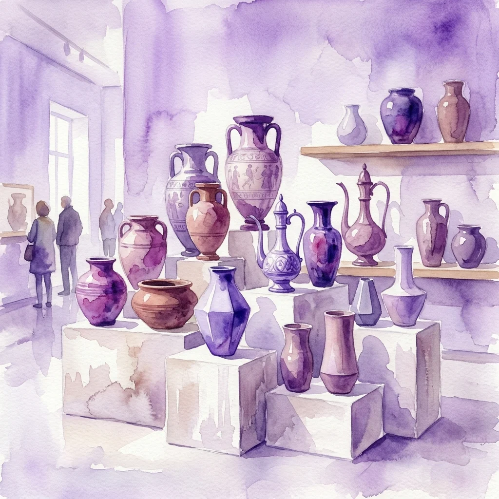 Una ilustración en acuarela de una galería de museo que muestra una colección diversa de jarrones, incluidas ánforas antiguas y vasijas modernas, dispuestas sobre pedestales y estantes bajo una suave iluminación púrpura.